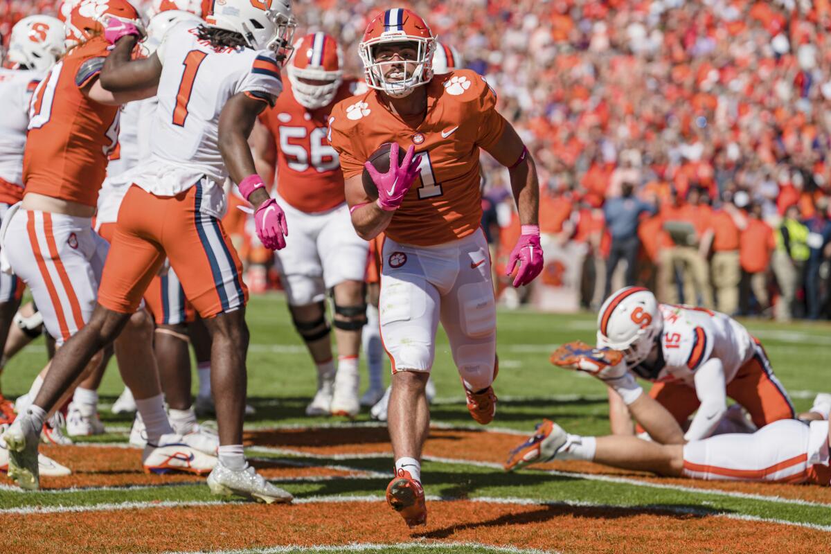 Clemson running back Will Shipley scores a touchdown during a win over Syracuse on Oct. 22.