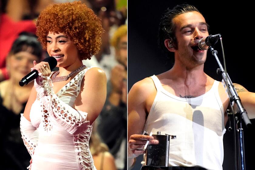 Separate photos of rapper Ice Spice and Matty Healy of the 1975