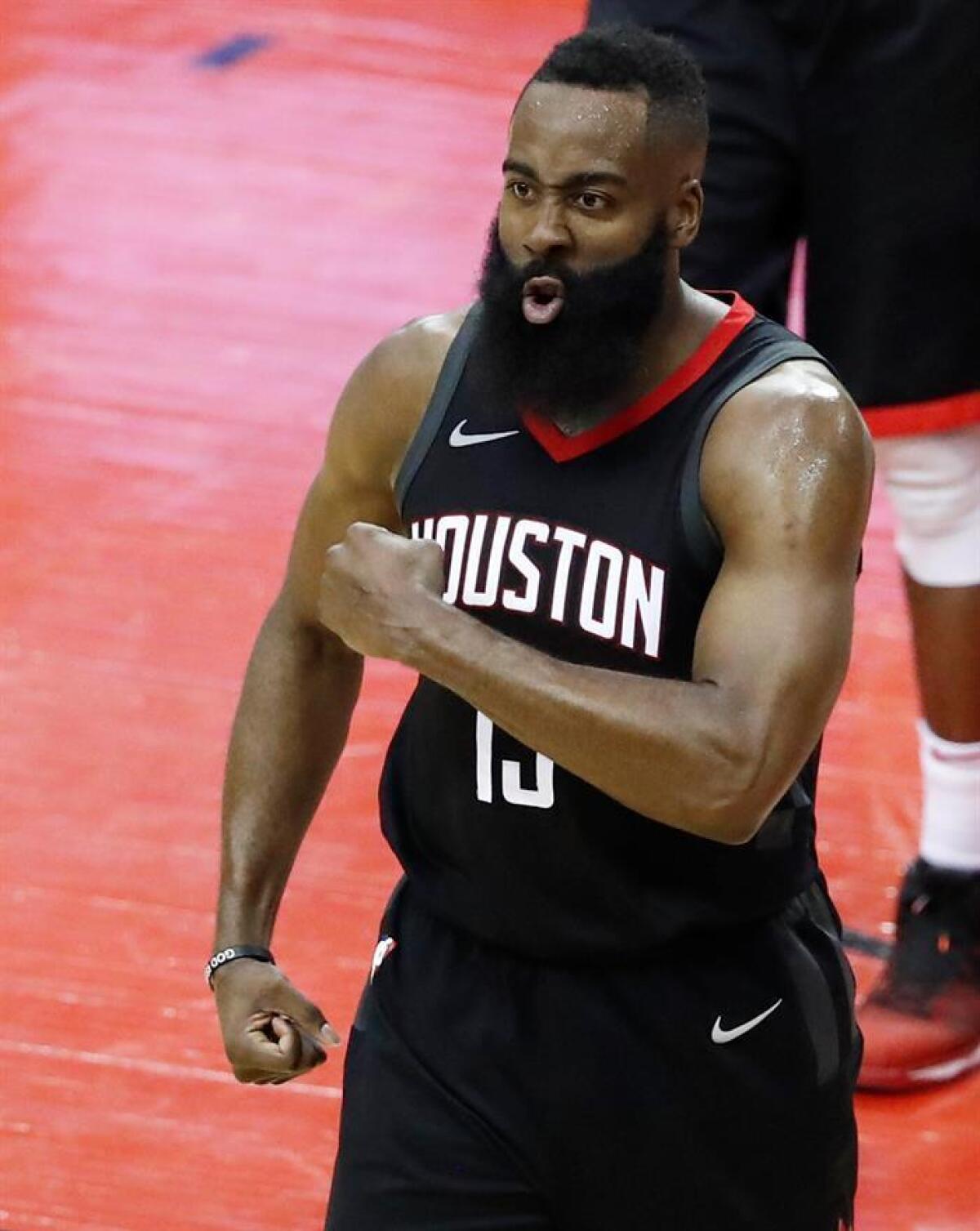 James Harden #13 of the Houston Rockets reacts in the second quarter of Game Seven of the Western Conference Finals of the 2018 NBA Playoffs at Toyota Center against the Golden State Warriors on May 28, 2018 in Houston, Texas.