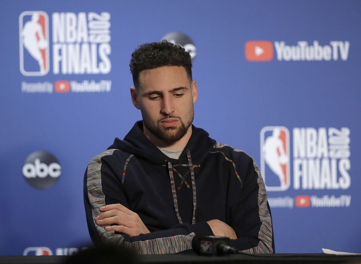 Golden State Warriors' Klay Thompson waits to speak after Game 4 of NBA Finals against the Toronto Raptors on June 7, 2019.