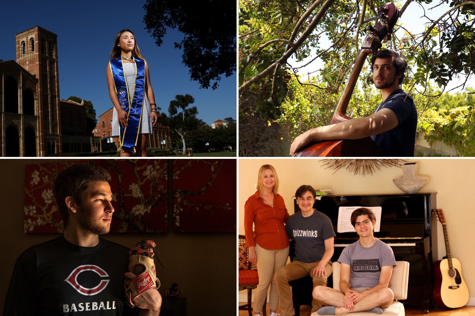 Clockwise from top left: Christine Tran, a UCLA senior majoring in international development and Asian studies; Weston Kerekes, a senior at Santa Monica High School; Dylan Schifrin, a senior at Yale majoring in music, with his parents, Lissa Kapstrom and Will Schifrin; and Alec Garcia, a senior at Cleveland Charter High School in Reseda.