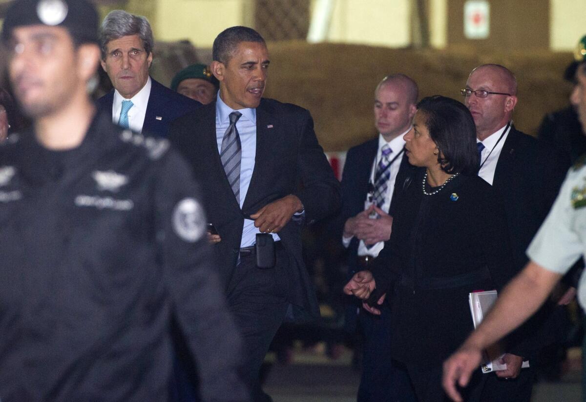 Secretary of State John F. Kerry, with President Obama and national security advisor Susan Rice, leaves a meeting with King Abdullah of Saudi Arabia outside Riyadh.