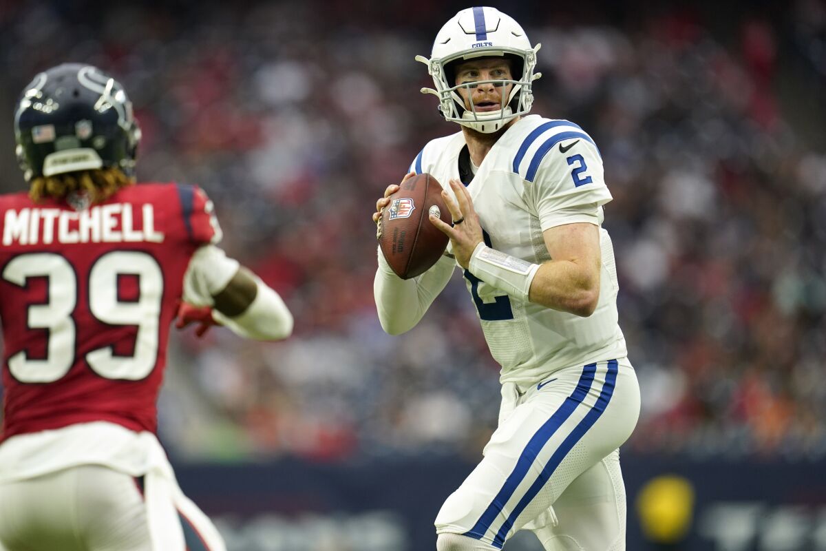 Indianapolis Colts quarterback Carson Wentz looks to pass against the Houston Texans on Dec. 5.