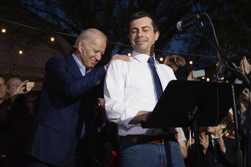 Former Democratic presidential primary candidate Pete Buttigieg endorses Joe Biden, during an event at the Chicken Scratch restaurant the night before Super Tuesday primary voting, on Monday night, March 2, 2020 in Dallas. (Juan Figueroa/The Dallas Morning News via AP)