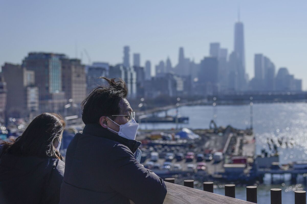 A man wears a mask while looking at the lower Manhattan skyline from a park in New York, Wednesday, Feb. 9, 2022. New York Gov. Kathy Hochul announced Wednesday that the state will end a COVID-19 mask mandate requiring face coverings in most indoor public settings, but will keep masking rules in place in schools for now. (AP Photo/Seth Wenig)