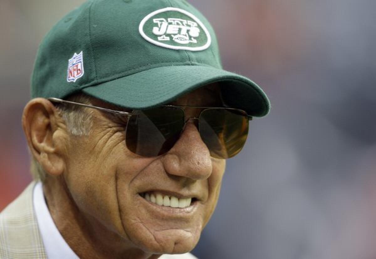 Joe Namath on the sideline at a New York Jets-Houston Texans game in Houston.