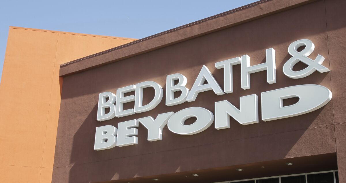 FILE - In this May 9, 2012 file photo, a Bed Bath & Beyond sign is shown in Mountain View, Calif. Bed Bath & Beyond’s fiscal third-quarter loss widened, Thursday, Jan. 6, 2022, with the home goods retailer saying supply chain issues are continuing to squeeze its business. (AP Photo/Paul Sakuma, File)