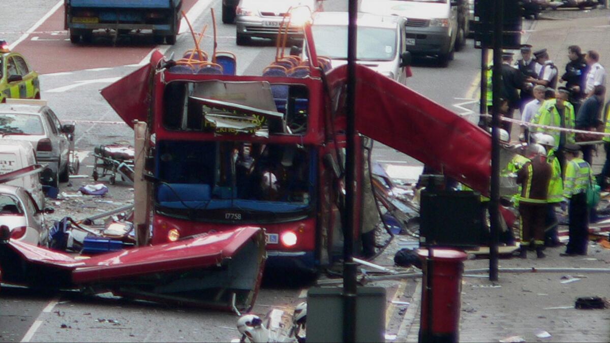 Several bombings rocked London's public transportation systems, damaging buses and subways, killing dozens and injuring hundreds on July 7, 2005, in London. (Toby Mason / Polaris)