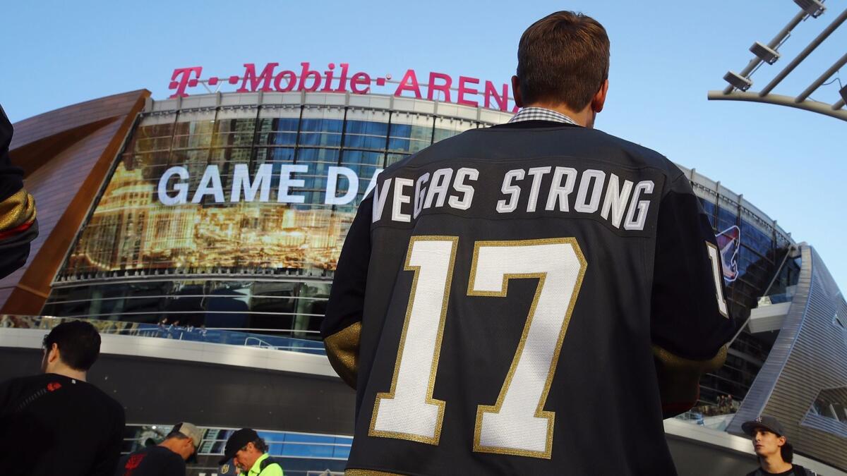 Fans arrive for the Golden Knights' inaugural regular season home opener against the Arizona Coyotes at T-Mobile Arena in Las Vegas on Oct. 10, 2017.