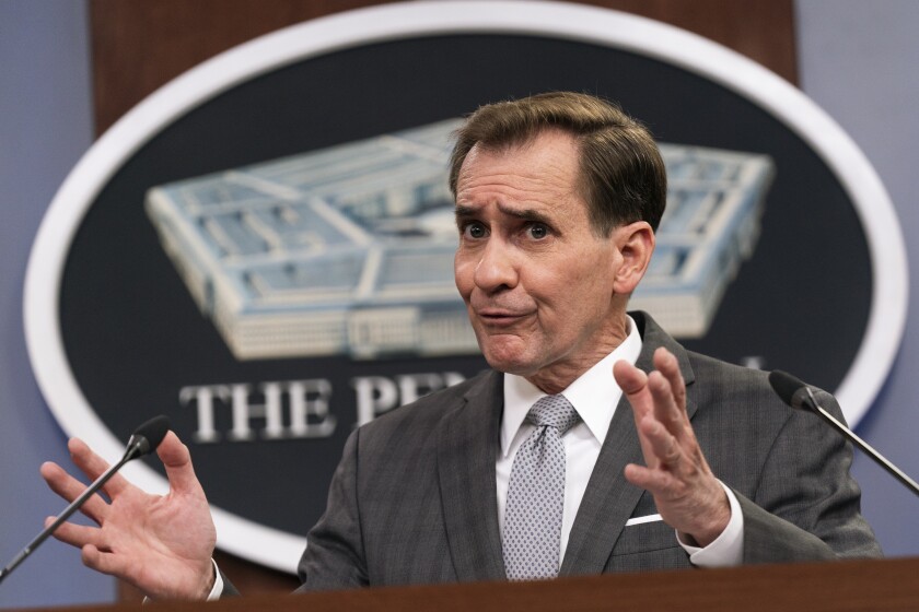 Pentagon spokesman John Kirby speaks during a briefing at the Pentagon in Washington, Friday, April 16, 2021. (AP Photo/Manuel Balce Ceneta)