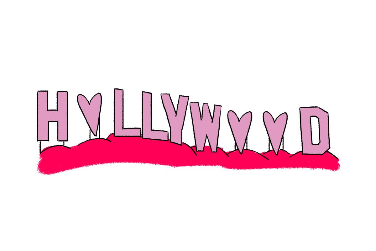An illustration of the Hollywood sign with hearts replacing the O's.
