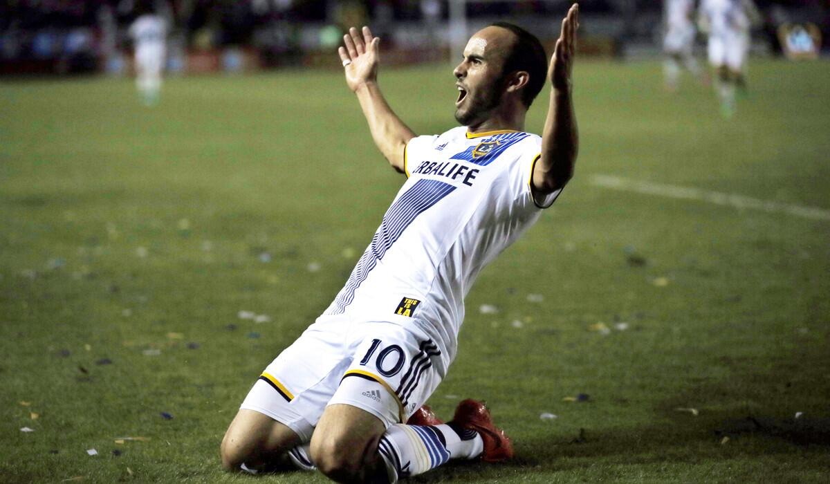 Galaxy star Landon Donovan, celebrating a goal last week against Real Salt Lake, could cap his MLS career with a sixth championship on Sunday afternoon at StubHub Center.