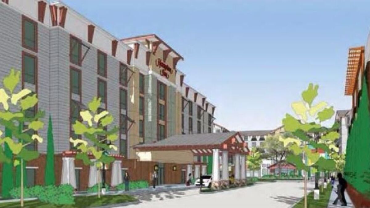 An architectural rendering of the entrance to The Inns at Buena Vista Creek, on the border of Oceanside and Carlsbad.