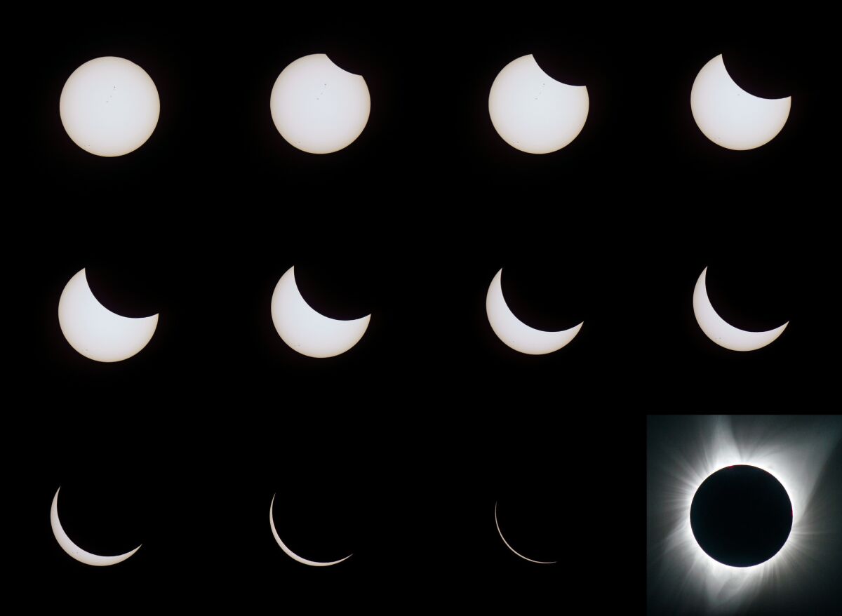 A composite of the phases of the solar eclipse as seen in Salem, Ore., on Aug. 21.