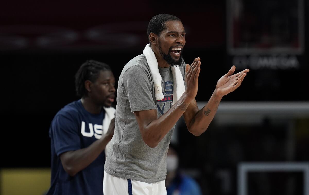 Kevin Durant cheers during Thursday's win over Australia in the Olympic men's basketball semifinals.