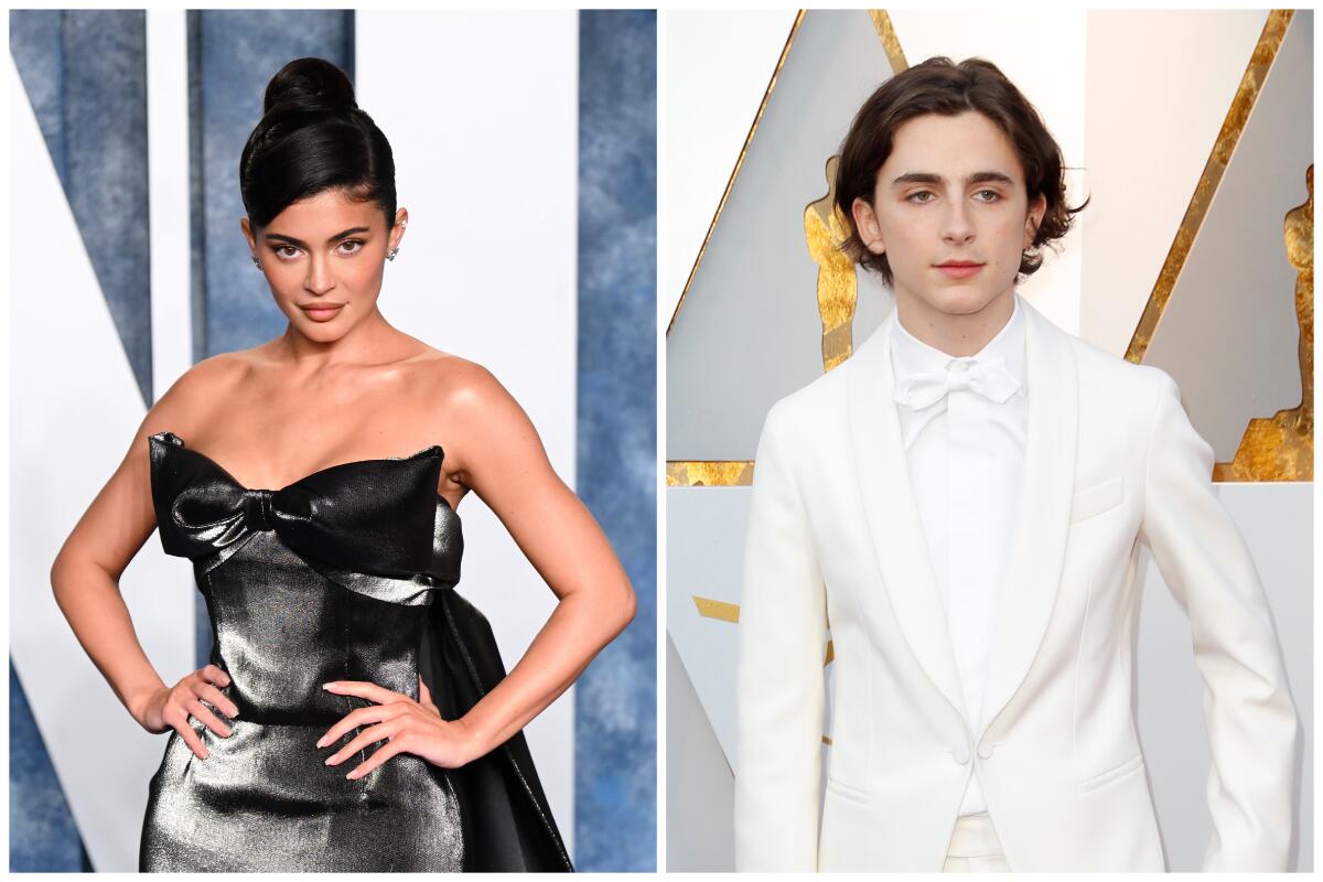 Separate photos of Kylie Jenner, left, and Timothee Chalamet