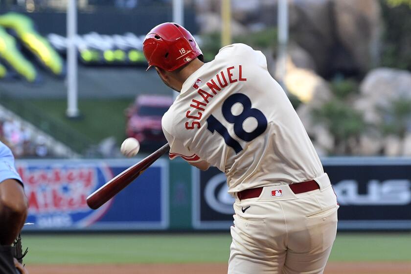 Los Angeles Angels' Nolan Schanuel hits a solo home run during the first inning of a baseball game against the San Diego Padres Wednesday, June 5, 2024, in Anaheim, Calif. (AP Photo/Mark J. Terrill)
