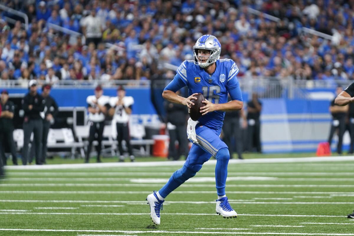 Detroit Lions quarterback Jared Goff looks to throw against the Atlanta Falcons.