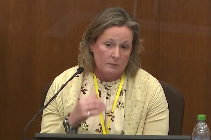 In this image taken from video, former Brooklyn Center Police Officer Kim Potter testifies during her trial, Friday, Dec. 17, 2021, in Minneapolis. Potter, who is white, is charged with first- and second-degree manslaughter in the shooting of Daunte Wright, a Black motorist, in the suburb of Brooklyn Center. Potter has said she meant to use her Taser – but grabbed her handgun instead – after Wright tried to drive away as officers were trying to arrest him. (Court TV via AP, Pool)