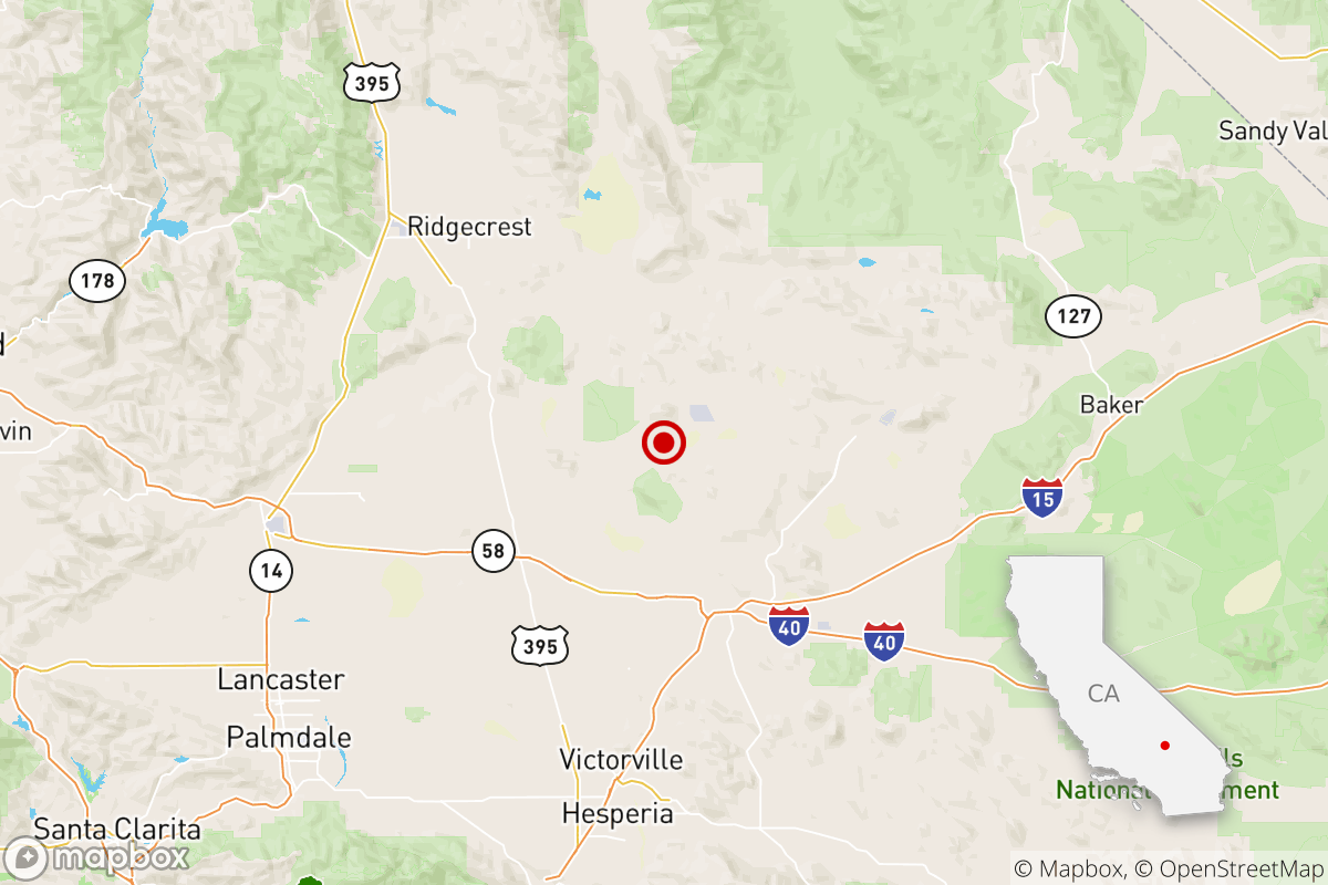 A map of a reported 4.0 earthquake 23 miles outside of Barstow