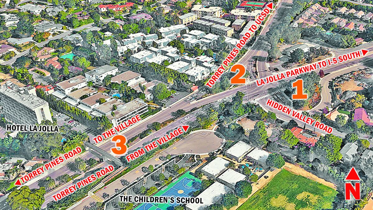 This photo illustration shows three suggested locations for easing traffic at "The Throat."