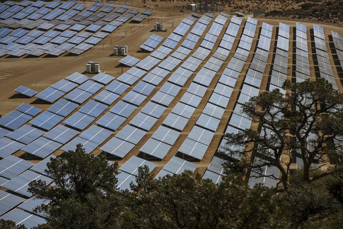 The L.A. Department of Water and Power's Pine Tree Wind and Solar Farm in the Tehachapi Mountains on March 23, 2021.