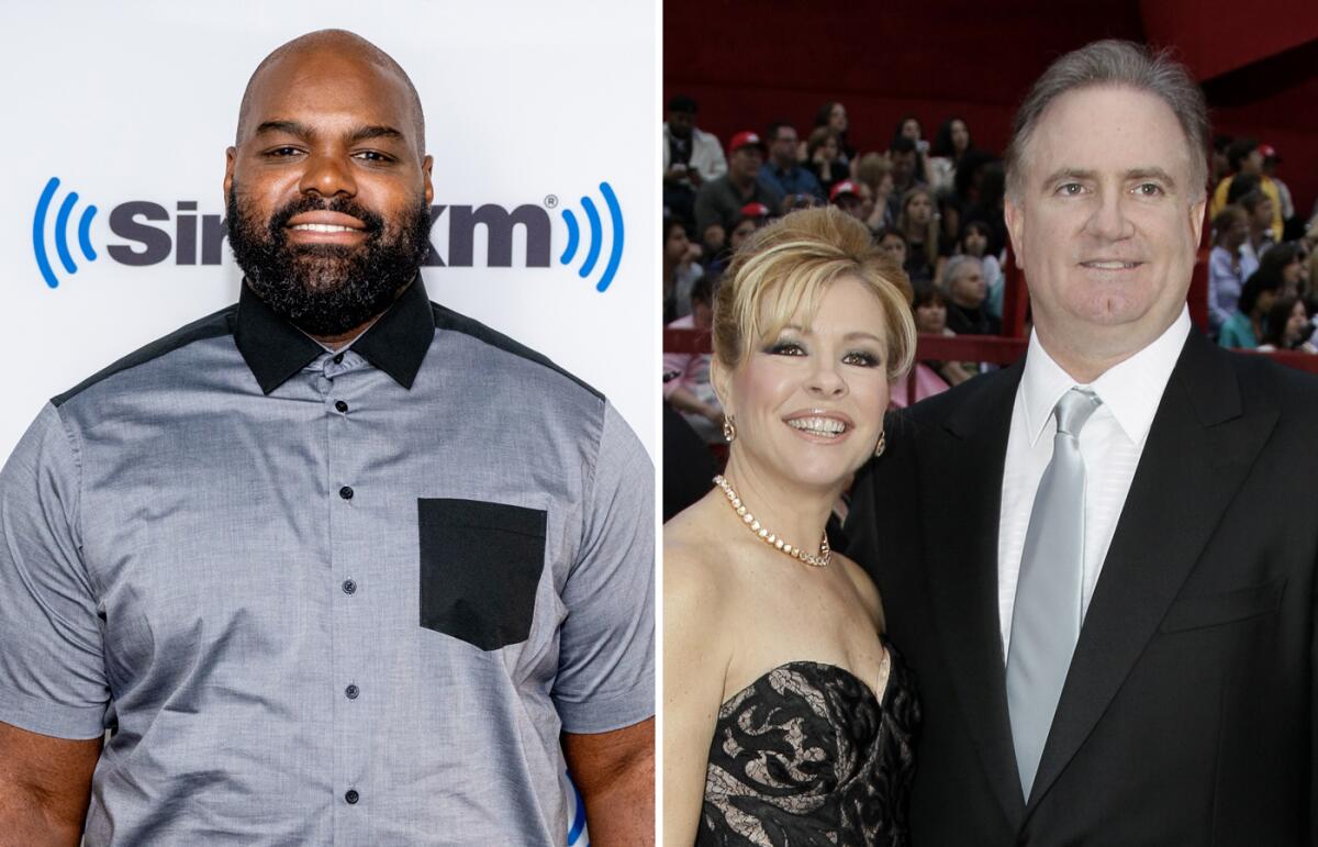 A collage shows football star Michael Oher and his conservators, Leigh Anne and Sean Tuohy