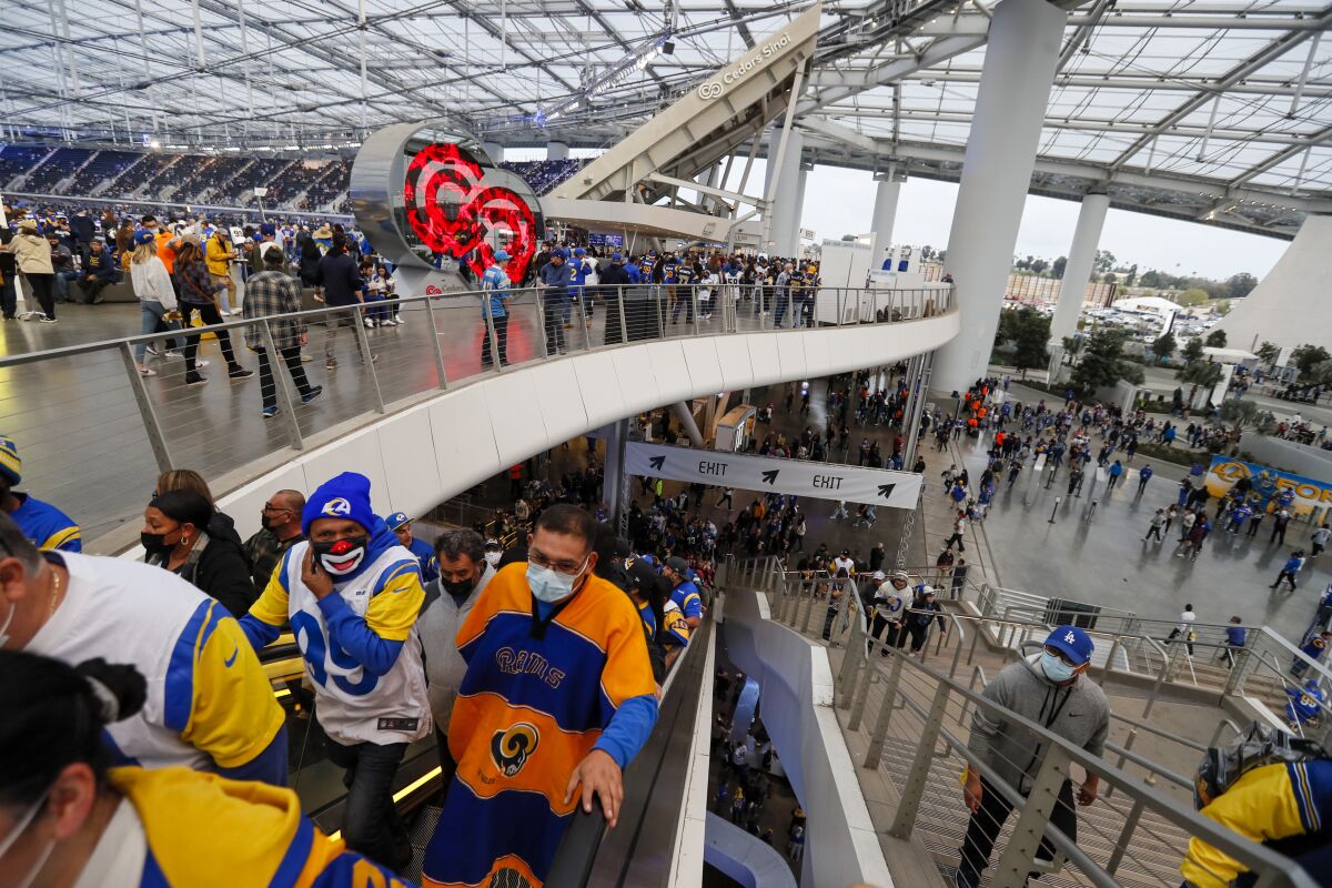 Fans arrive to watch the Rams and Cardinals at SoFi Stadium.