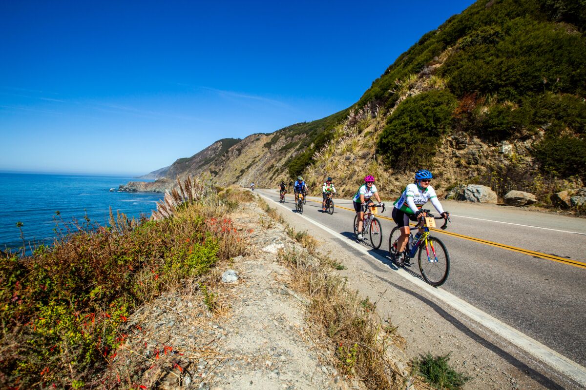 A group of cyclists on the road during the 525-mile ride from San Francisco to Los Angeles.
