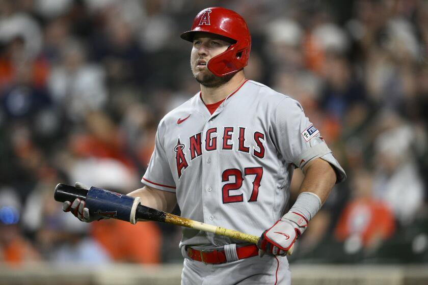 The Angels' Mike Trout looks on during a game against the Orioles on May 15, 2023, in Baltimore.