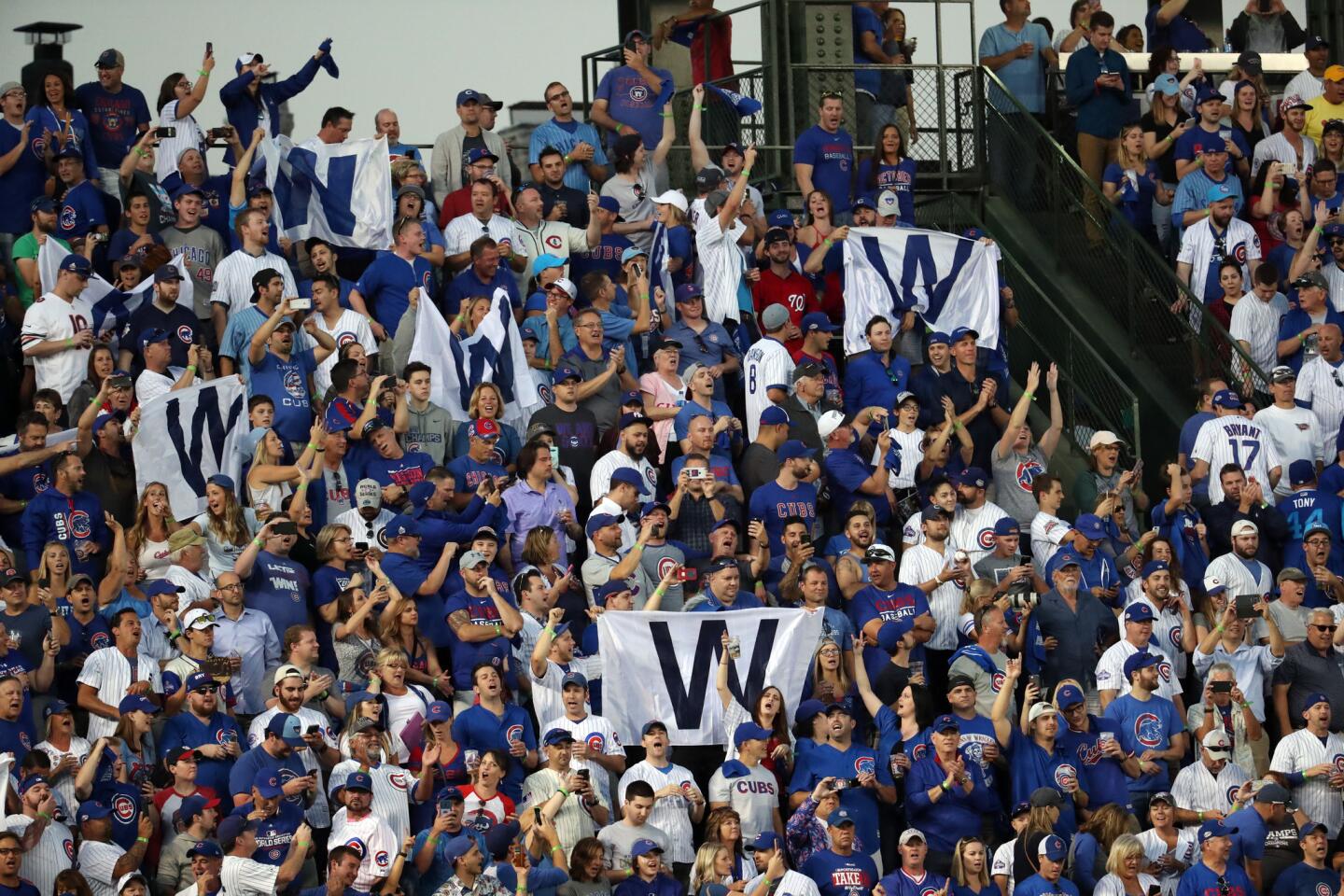 Cubs fans wave the "W" flag after the win.