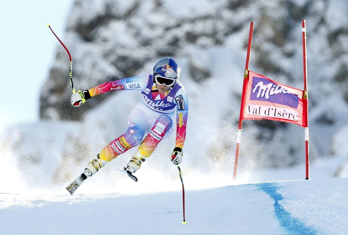 Lindsey Vonn goes airborne during a downhill run Saturday at a World Cup event at Val d'Isere, France.