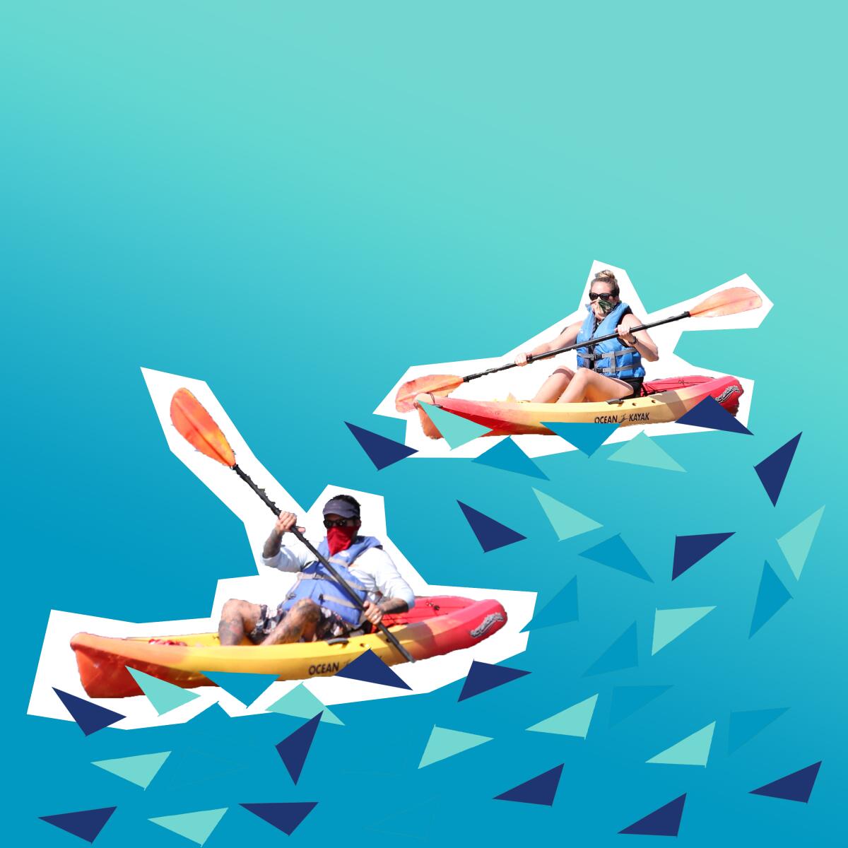 An illustration of kayakers