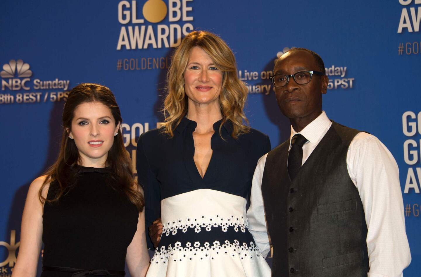 Actors Anna Kendrick, left, Laura Dern and Don Cheadle announced the 74th Golden Globe Award nominations at the Beverly Hilton Hotel on Monday.