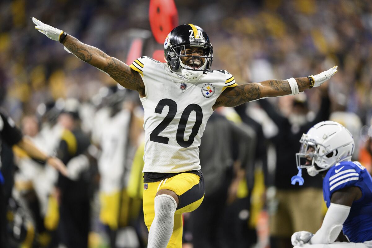 Pittsburgh Steelers cornerback Cameron Sutton celebrates after breaking up a pass against the Indianapolis Colts.