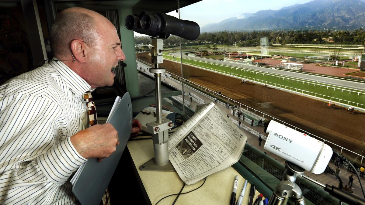 Michael Wrona calls a race at Santa Anita Park on Thursday afternoon.