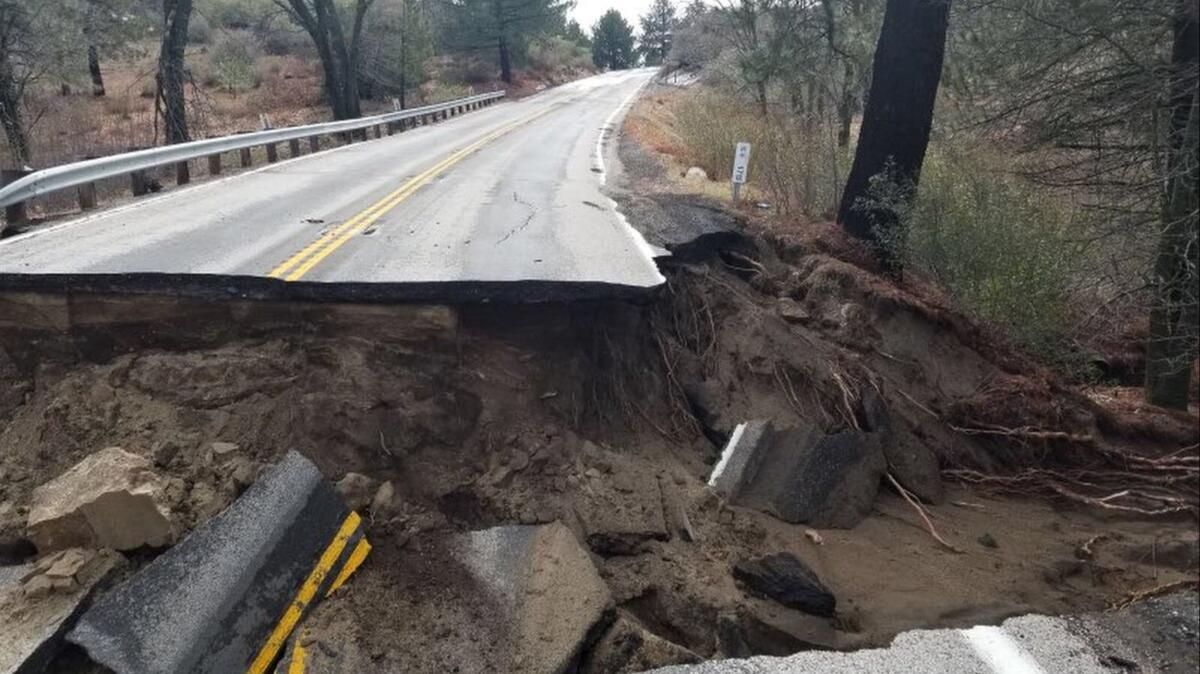 Scenic Highway 243 near Idyllwild, shown on Feb. 15, will remain closed for months as crews repair substantial damage.