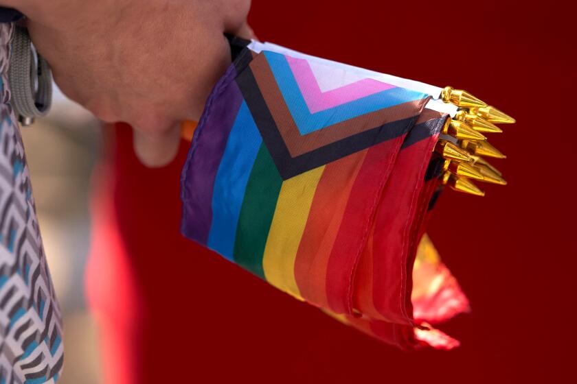 A person holds Progress Pride Flags during the Los Angeles LGBT Center's "Drag March LA: The March on Santa Monica Boulevard", in West Hollywood, California, on Easter Sunday April 9, 2023. - The march comes in response to more than 400 pieces of legislation targeting the LGBTQ+ community that government officials across the United States have proposed or passed in 2023. (Photo by ALLISON DINNER / AFP) (Photo by ALLISON DINNER/AFP via Getty Images)