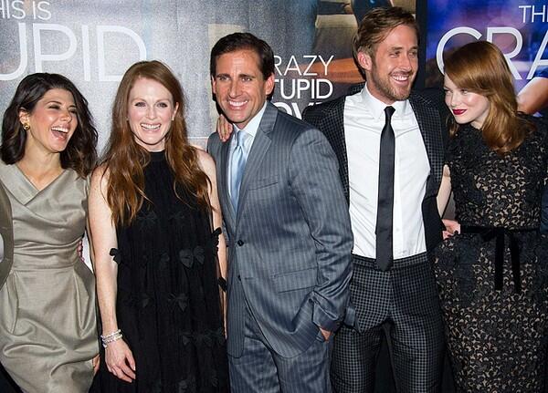 Cast members, Marisa Tomei, Julianne Moore, Steve Carell, Ryan Gosling and Emma Stone arrive at the "Crazy, Stupid, Love" premiere in New York, Tuesday, July 19, 2011. The film opens in theaters on July 29.