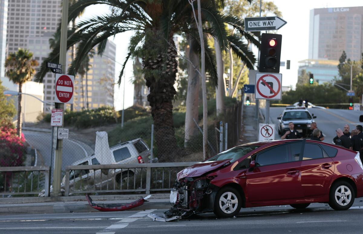 Two cars collided at Beaudry Avenue and 3rd Street in downtown Los Angeles.