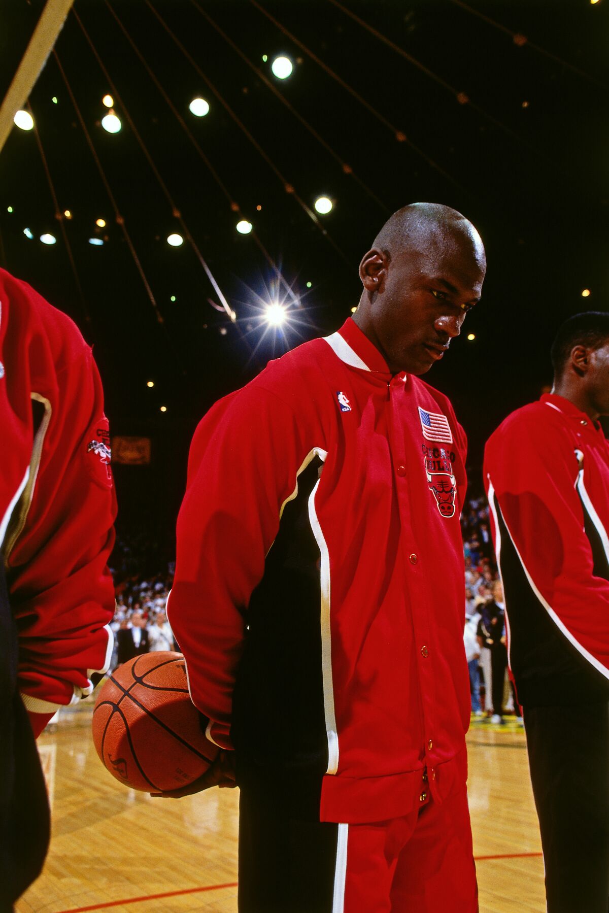 Michael Jordan stands for the National Anthem during the 1991 NBA Finals, as featured in the documentary "The Last Dance."