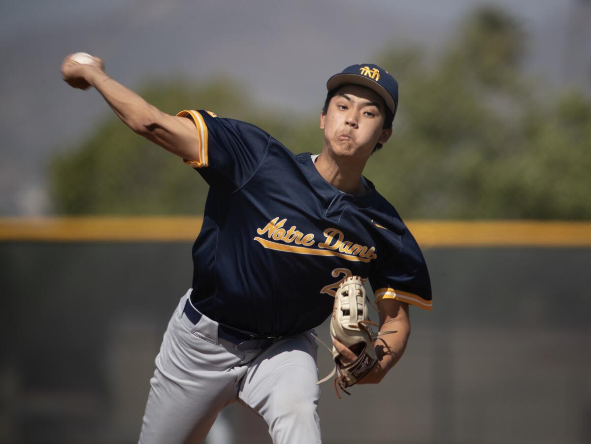Notre Dame pitcher Justin Lee delivers a pitch against Corona 