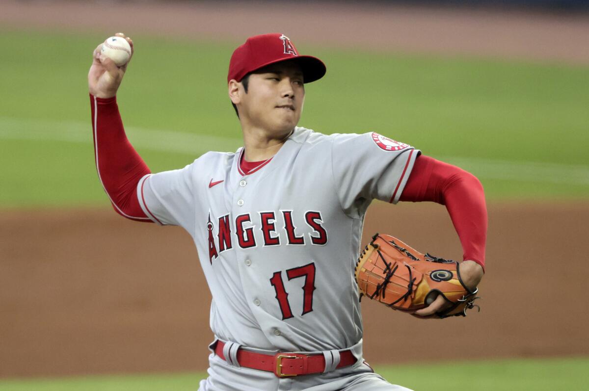 Shohei Ohtani of the Angels pitchers against the Atlanta Braves.