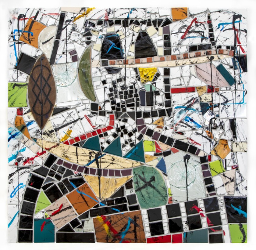 The rough outline of a figure can be seen in a mosaic composition.