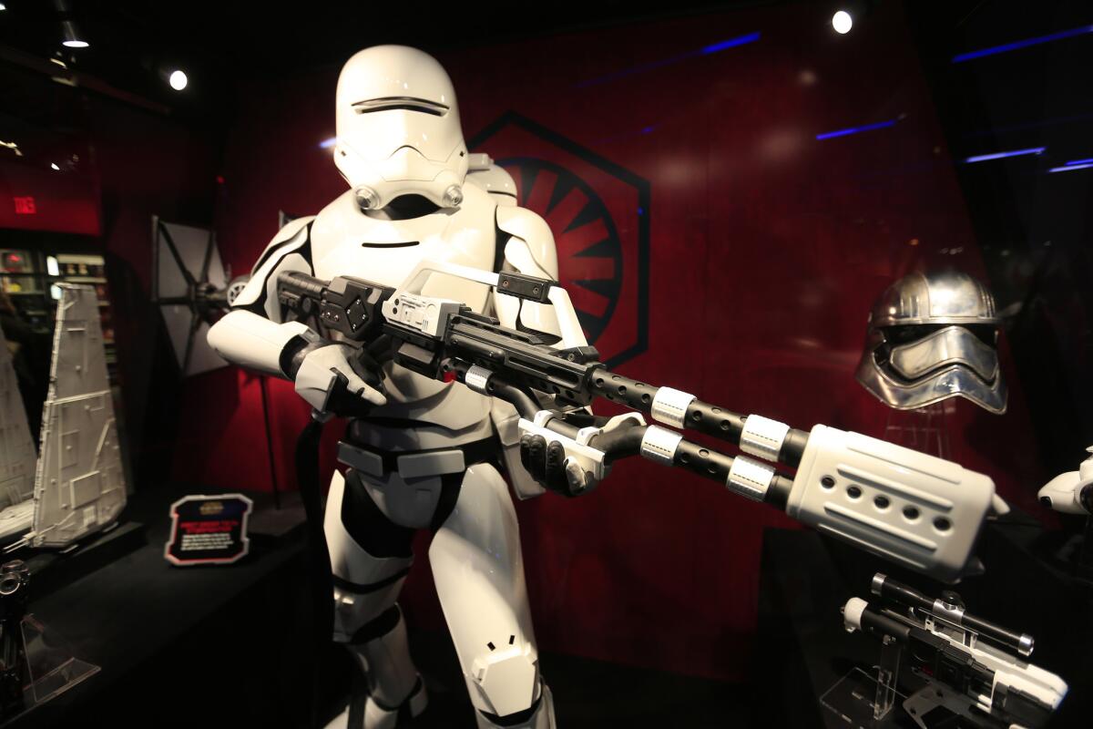 A view of a flame trooper, a special Stormtrooper of the First Order in Launch Bay, in Tomorrowland at Disneyland. An entire section of the StarWars.com website is devoted to "Star Wars"-inspired recipes, including one for Stormtrooper butter.