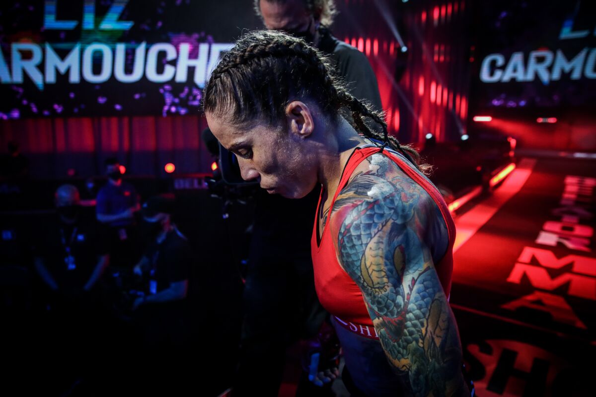 Bellator MMA world flyweight champion Liz Carmouche, who lives outside of Ramona, is shown during a 2021 fight.