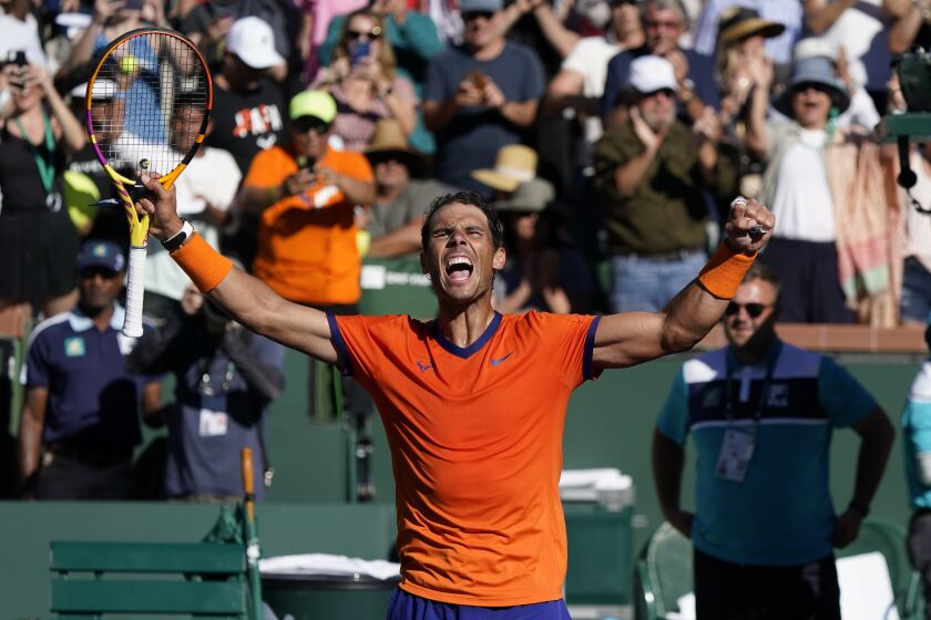 Rafael Nadal, of Spain, reacts after winning a match against Sebastian Korda.