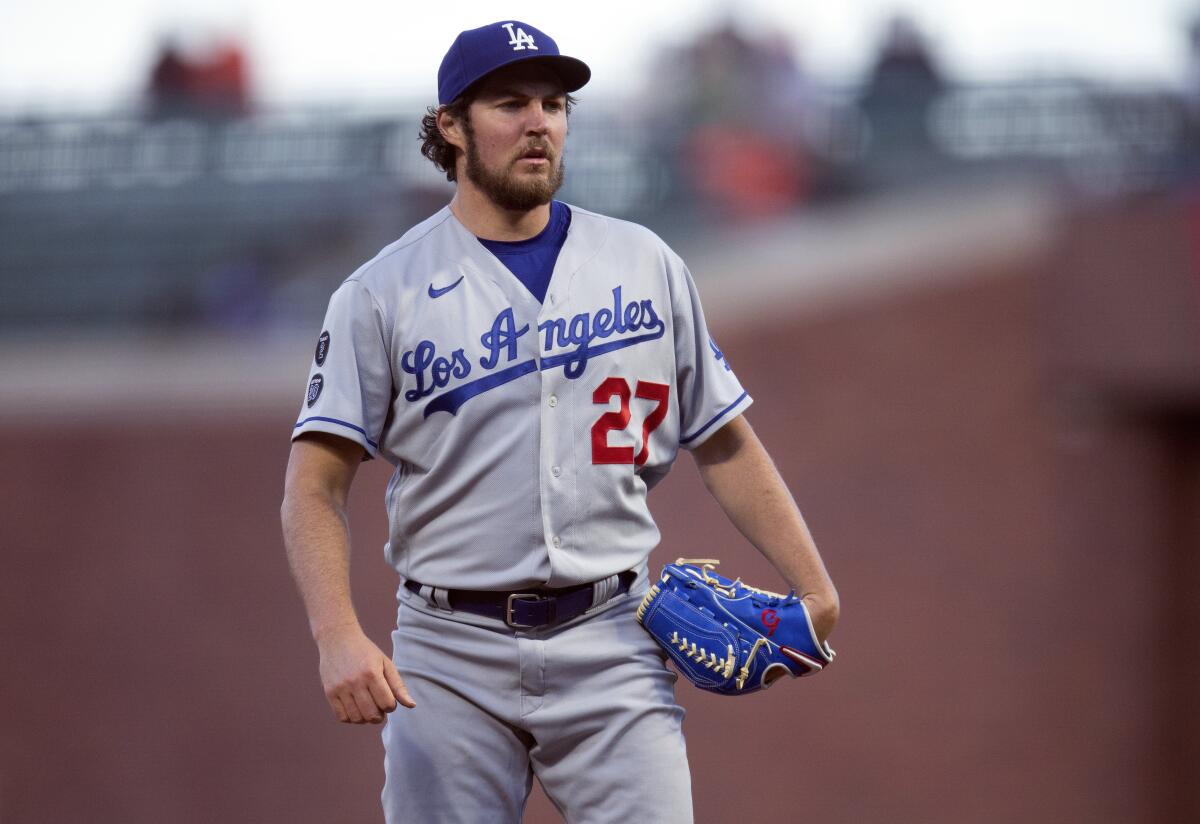 Dodgers starting pitcher Trevor Bauer looks toward home plate during a game against the Giants in May 2021.