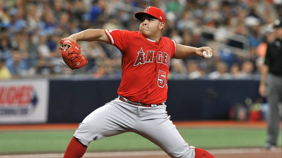 Los Angeles Angels starter Jose Suarez pitches against the Tampa Bay Rays.