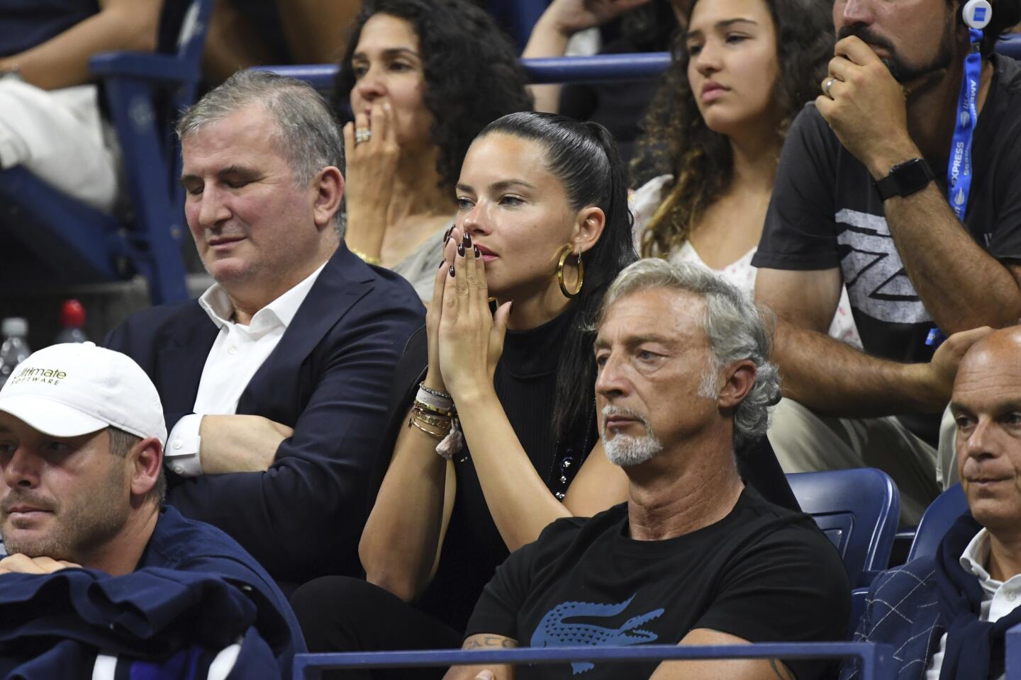 Model Adriana Lima looks tense while watching Madison Keys vs. Sofia Kenin at the 2019 U.S. Open on Arthur Ashe Stadium at the USTA Billie Jean King National Tennis Center on Aug. 30, 2019 in Flushing, Queens.